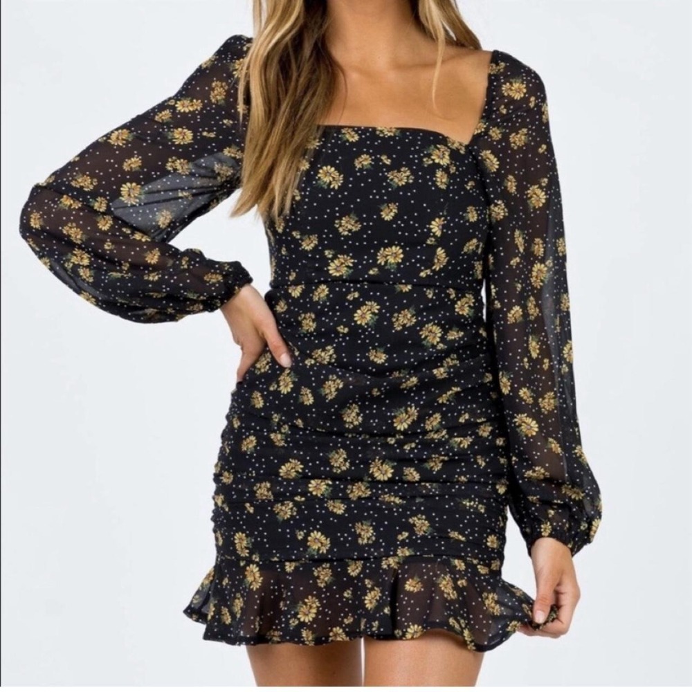 Princess Polly Carrillo Floral Mini Dress Black Yellow Daisy Shirred Ruffle 2